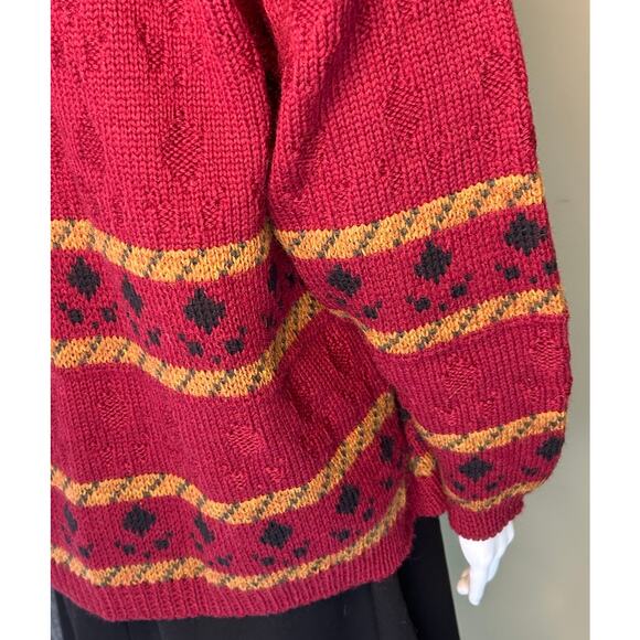 Sweaters of Ireland Vintage Cardigan 100% Pure Wool Fair Isle Maroon Gold Large - Picture 9 of 13